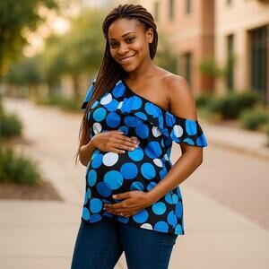 See You in Miami Womens Top Sz S M Blue Black White Maternity Polka Dot NEW